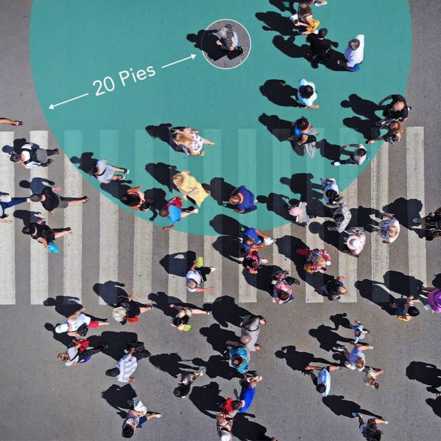 Vista aérea de un grupo de personas caminando dentro de un círculo que rodea el texto que dice ‘20 pies’.